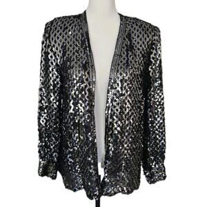 Vintage 80s Full Silver Sequin Three Flaggs Open Glam Rock Evening Jacket Sz M